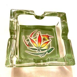 Cannabis design glass Ashtray 3 1/2" wide x 1 1/2" tall x 1/2" thick glass